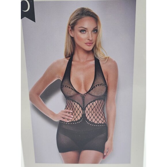 Baci Lingerie Women's One Size 2-14 Black Sheer Mesh Halter Mini Dress - Picture 1 of 7